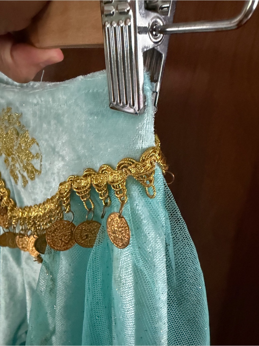 Kids Shimmery Teal Genie/Jasmine Costume with Gold Trim - Picture 9 of 10